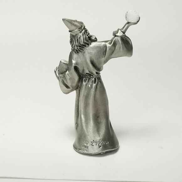 Vintage 80s Hudson Pewter Wizard Holding Crystal Ball 2.25" Tall Merlin Gandalf - Picture 3 of 9
